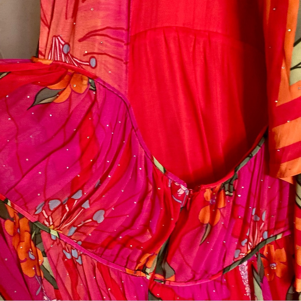 NEW FARM Rio Red Pietra Floral Sleeveless Maxi Dress Chiffon Rhinestones Size XL - Picture 11 of 16